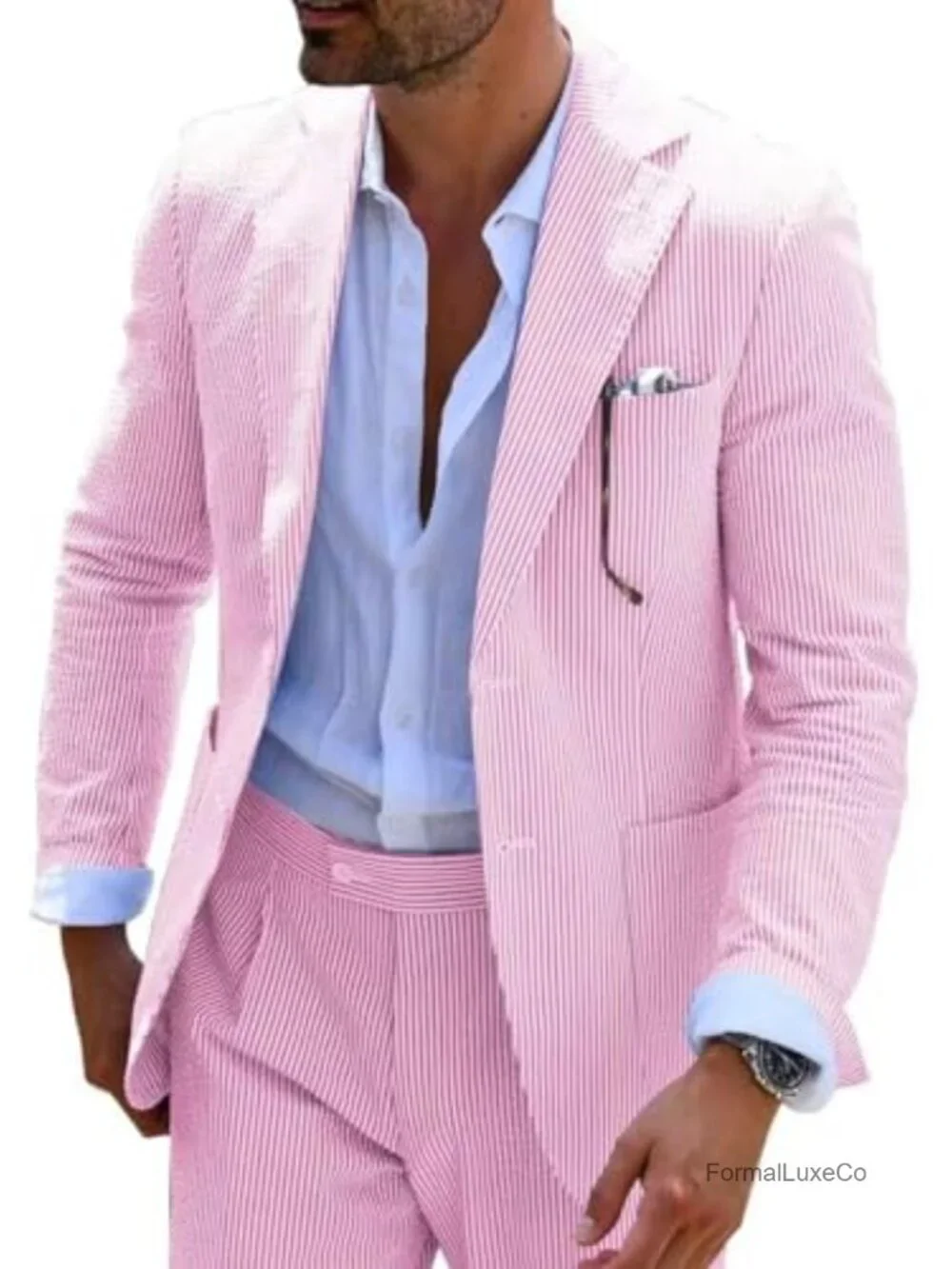 Men's Seersucker Suit 2 Piece Striped Blazer Pants Groomsman Wedding Prom Slim